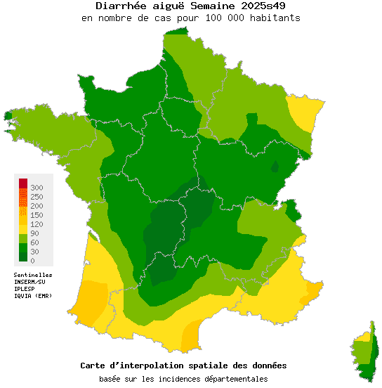 Carte d'incidence de Diarrhée aiguë en France - Réseau Sentinelles