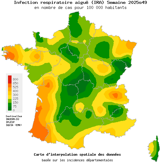 Carte d'incidence de Infection Respiratoire Aiguë (IRA) en France - Réseau Sentinelles