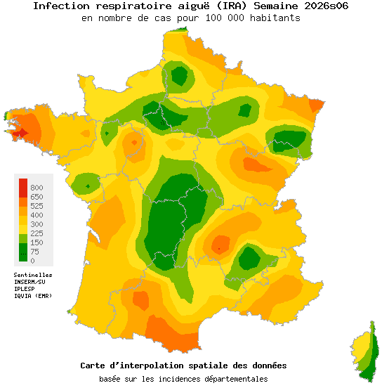 Carte d'incidence de Infection Respiratoire Aiguë (IRA) en France - Réseau Sentinelles