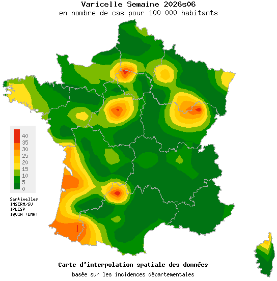 Carte d'incidence de Varicelle en France - Réseau Sentinelles